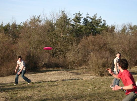 Two adults playing frisbee in the park