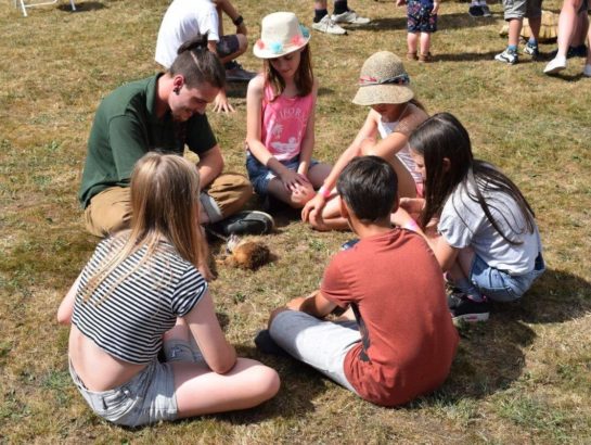 Children sat in circle looking at a Meerkat with a keeper